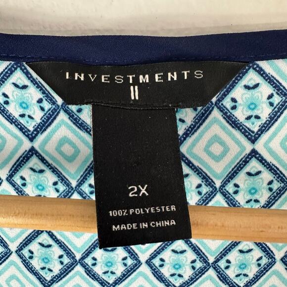 Investments II Womens Plus Blue Multi Colored V Neck Top 2X Lightweight Colorful - Picture 2 of 5